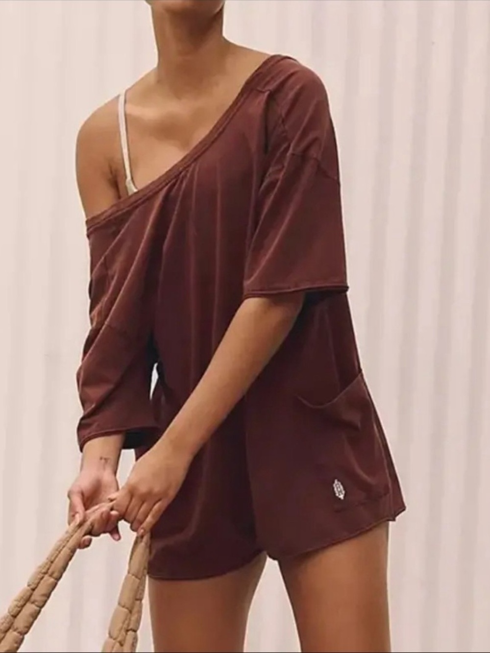 Free People Hot Shot Tee Romper Patch Pockets Crew V Back Brown FP Movement Sm
